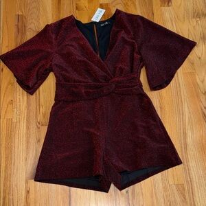 fab'rik Lottie Twist Front Metallic Romper - Red, Size Large